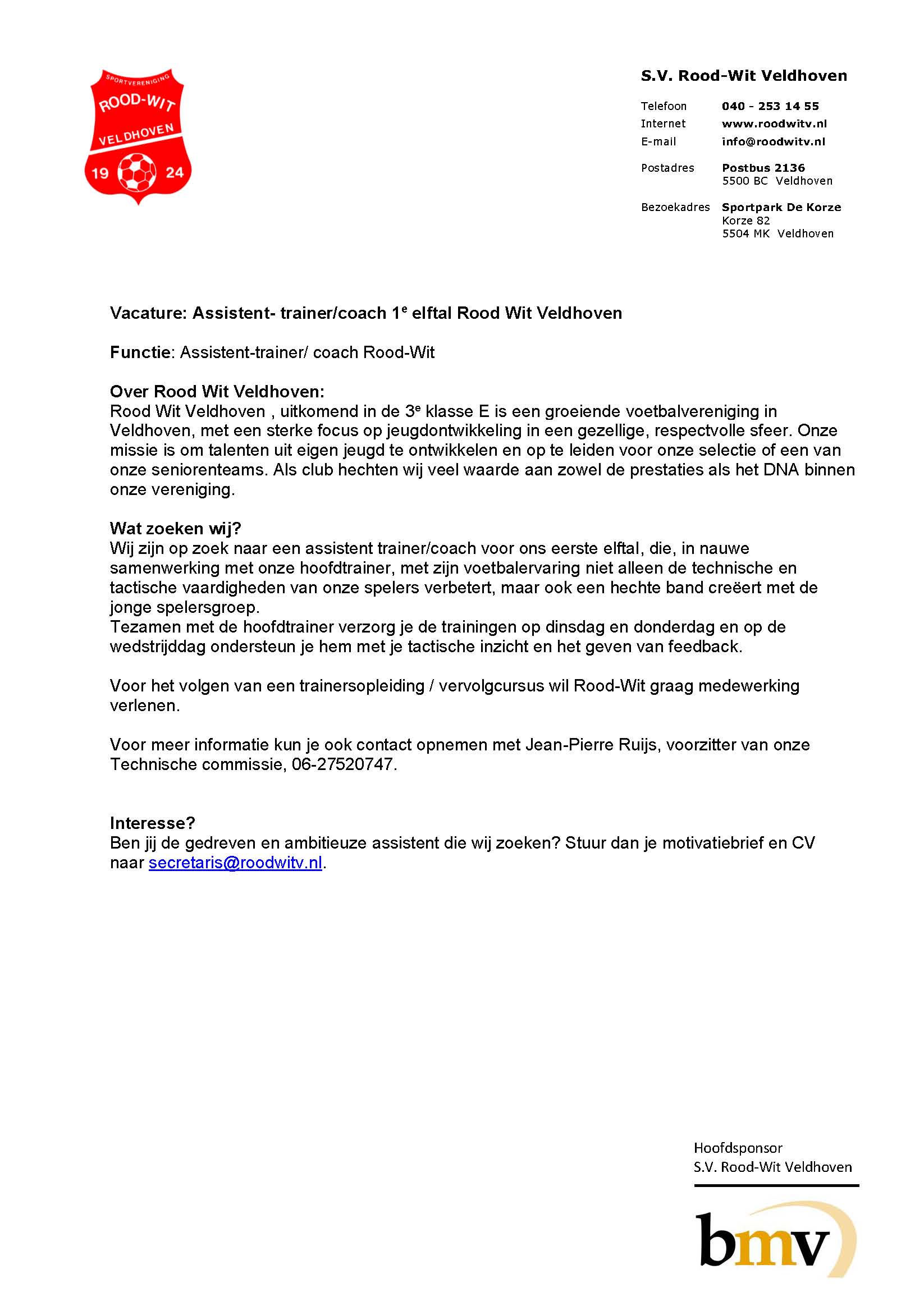Vacature: Assistent- trainer/coach 1e elftal Rood Wit Veldhoven