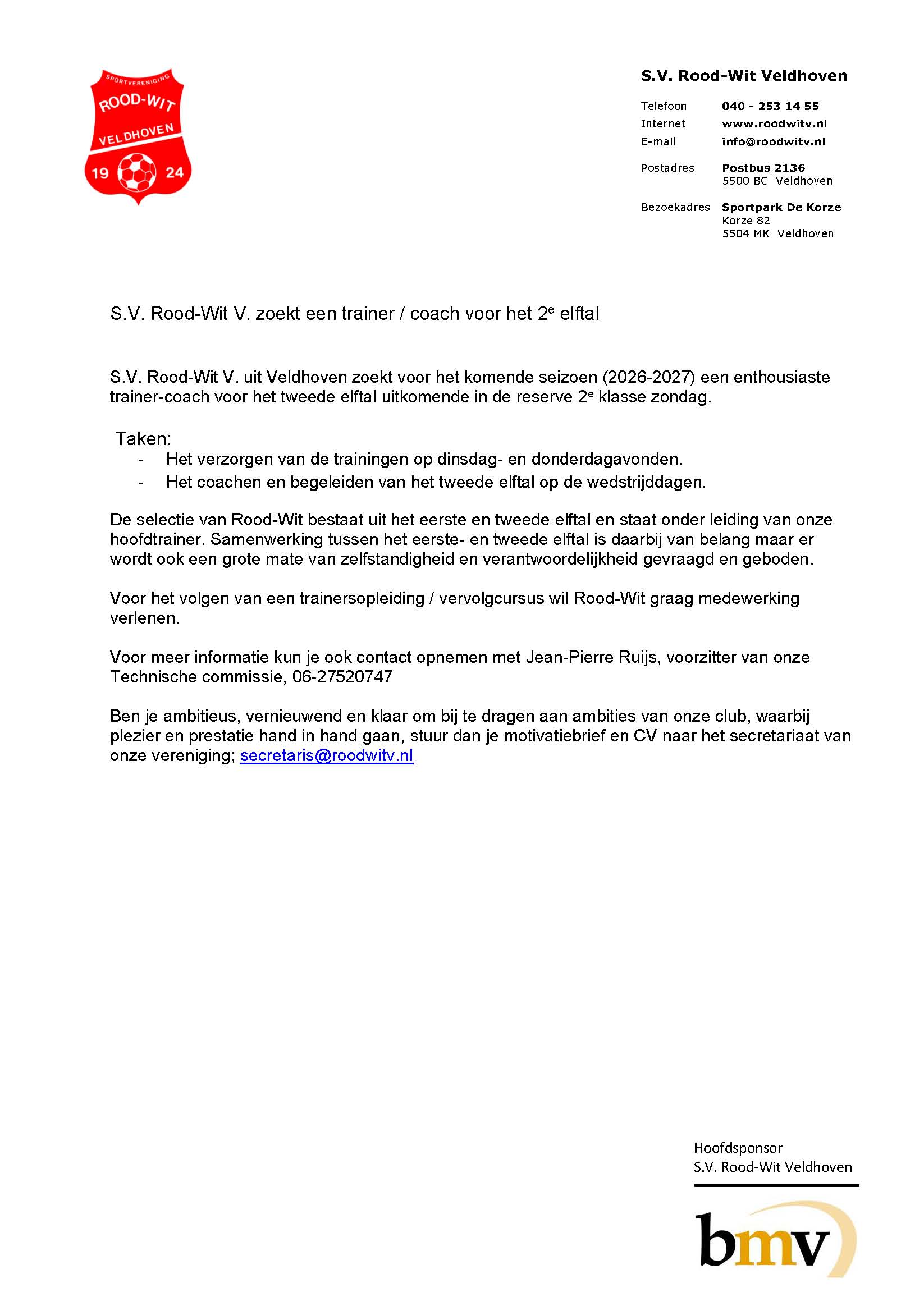 S.V. Rood-Wit V. zoekt een trainer / coach voor het 2e elftal